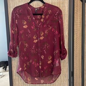Burgundy floral sheer button up